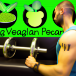 An image of a muscular vegan athlete lifting weights in a vibrant, plant-filled gym