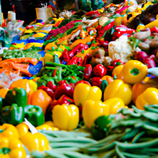 An image showcasing a vibrant farmers market, teeming with fresh fruits, colorful vegetables, and cruelty-free products