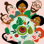 An image depicting a person surrounded by loved ones, their faces contorted with surprise and disapproval, as the individual holds a plate of vibrant plant-based dishes, symbolizing their vegan lifestyle