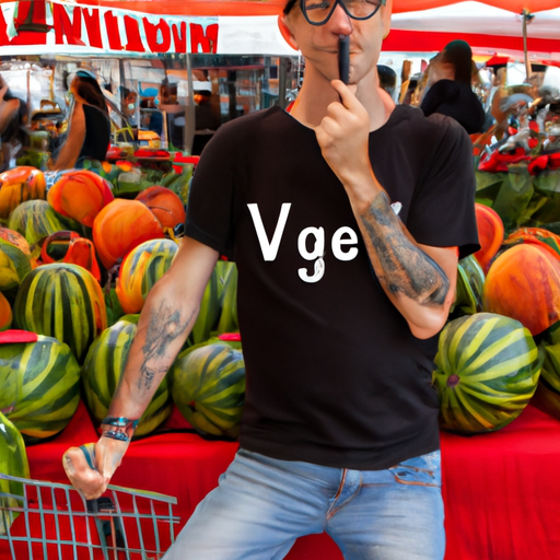 An image showcasing a person standing at a vibrant farmers market, surrounded by baskets of freshly picked fruits and vegetables, holding a fork with a perfectly sliced watermelon, pondering their decision to embrace a raw vegan lifestyle