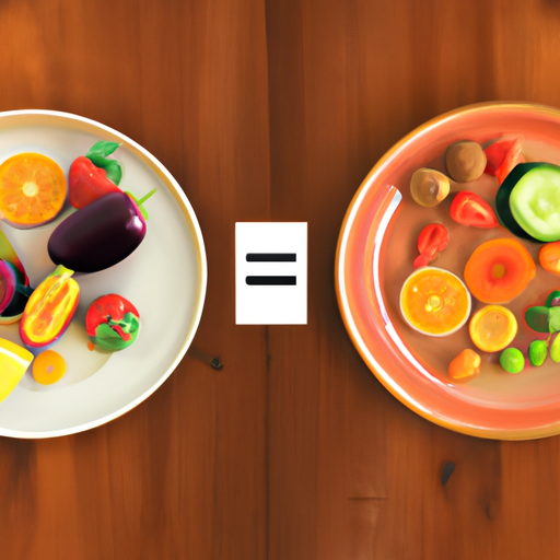 An image showcasing a table split in two halves: one side adorned with vibrant, abundant fruits and vegetables, while the other displays an empty plate