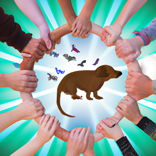 An image of a diverse group of people holding hands, surrounded by a circle of animals representing different species