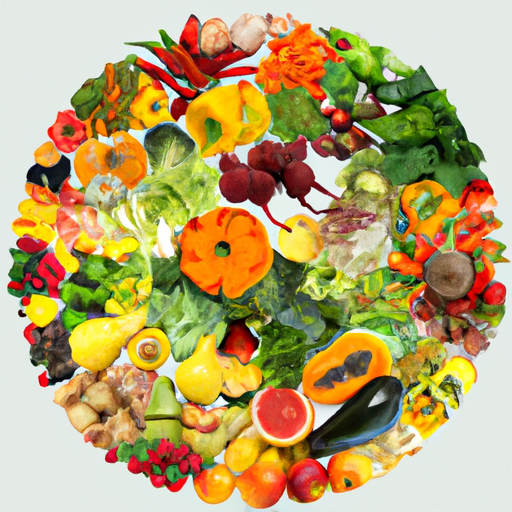 An image featuring a diverse array of fruits, vegetables, and plant-based protein sources, arranged in a circular pattern to represent sustainability