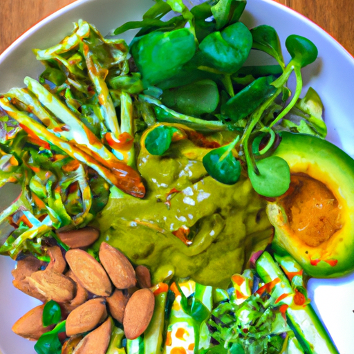 An image showcasing a vibrant plate filled with colorful plant-based foods like avocado, tofu, leafy greens, and nuts