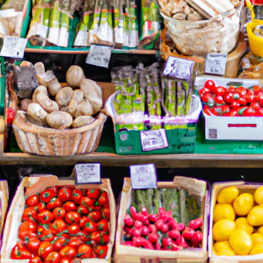 An image showcasing a bustling farmers market filled with vibrant displays of fresh fruits, colorful vegetables, and artisanal plant-based products