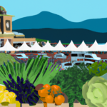 An image showcasing a vibrant farmers market filled with an assortment of colorful fruits and vegetables, surrounded by restaurants offering plant-based dishes, against a backdrop of rolling green hills and clear blue skies