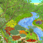 An image showcasing a flourishing garden with various fruits, vegetables, and herbs growing abundantly, surrounded by a lush forest and a flowing river, symbolizing the sustainable and diverse aspects of a vegan lifestyle