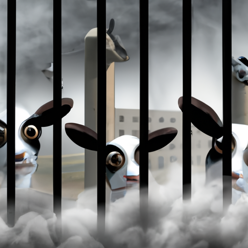 An image featuring a factory farm obscured by a dense cloud of smoke, with terrified animals peering out from behind the bars of their cages, their eyes reflecting fear and suffering
