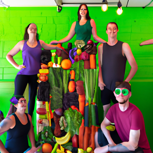 An image of a diverse group of individuals standing in front of a tall, sleek bar made entirely of vibrant fruits and vegetables