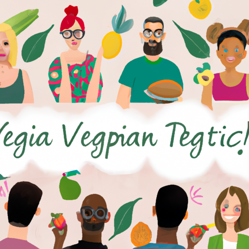 An image featuring a diverse crowd of people surrounded by vibrant fruits, vegetables, and plant-based dishes
