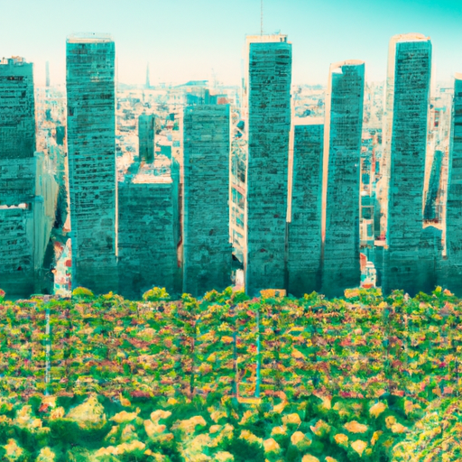 An image showcasing a vibrant, bustling cityscape with skyscrapers made entirely of lush, green vegetation